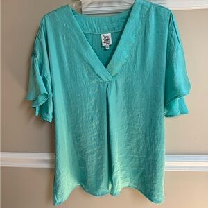 Turquoise Teal Blue V-Neck Satin Ruffle Sleeve ivy jane Top